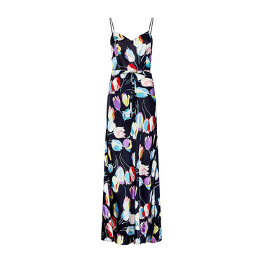 1930s Black Satin Tulip Print Dress