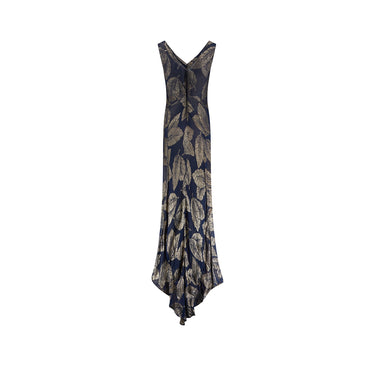 ARCHIVE - 1930s Blue and Gold Leaf Print Lame Dress