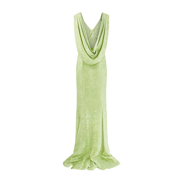 ARCHIVE - 1930s Chartreuse Green Floral Silk Jacquard Evening Gown with Train