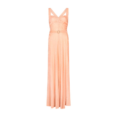 1930s Peach Pink Patterned Velvet Gown with Rhinestone Belt Buckle