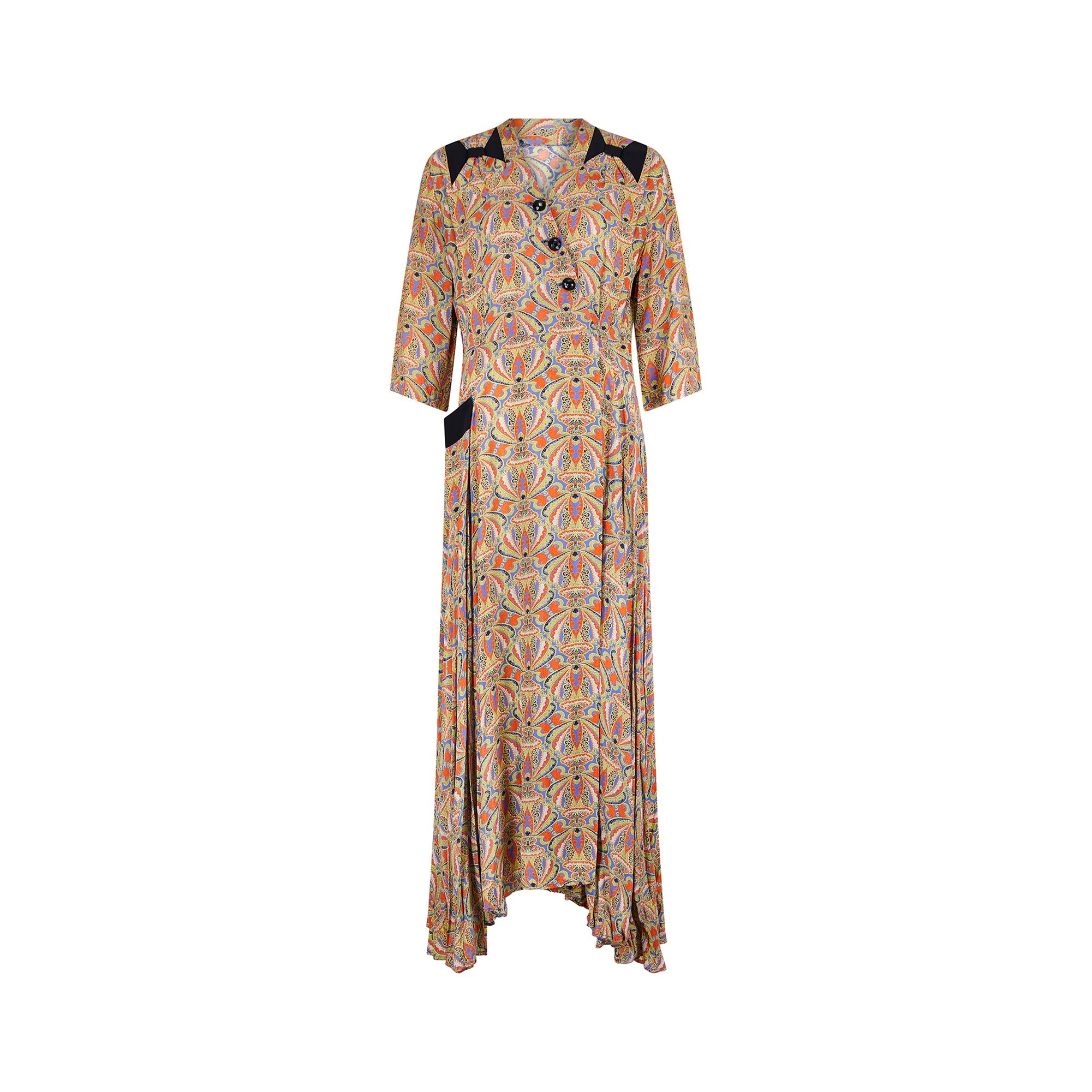 1940s Paisley Rayon Maxi Hostess Dress