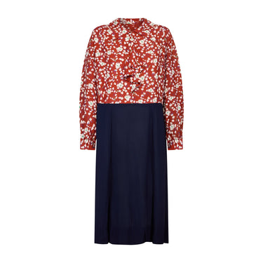 1940s Floral Cold Rayon and Navy Crepe Shirt Volup Dress