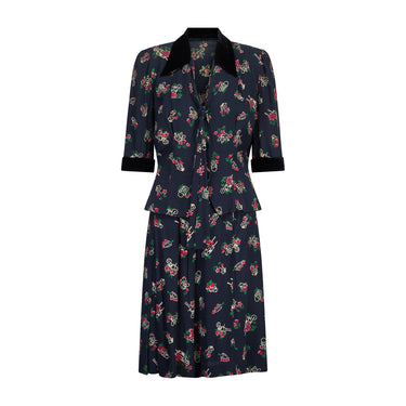 1940s Rayon Novelty Garden Print Skirt Suit with Velvet Trim