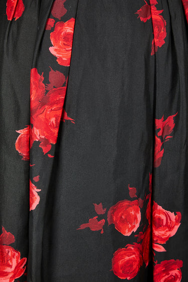 ARCHIVE - 1950s Suzy Perette Satin Black and Red Rose Print Dress