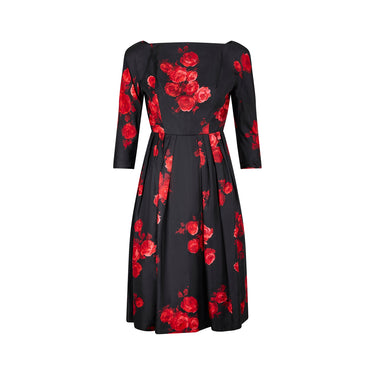 ARCHIVE - 1950s Suzy Perette Satin Black and Red Rose Print Dress