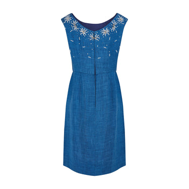 ARCHIVE - 1950s French Couture Blue Linen Shift Dress with Faux Coral Adornments