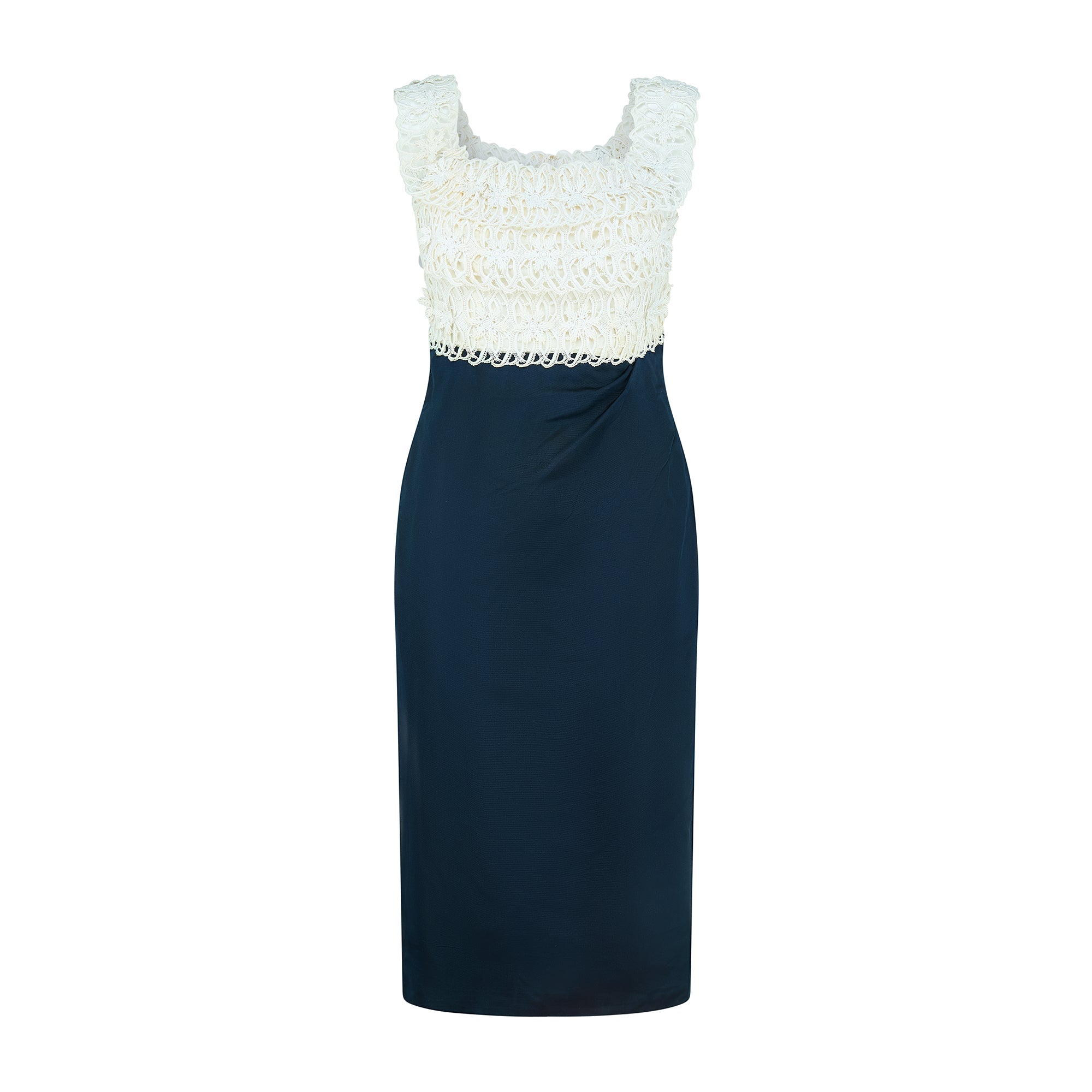 1950s Ceil Chapman Navy Silk Shift Dress with White Lace Top 1950s Ceil Chapman Navy Silk Shift Dress with White Lace Top