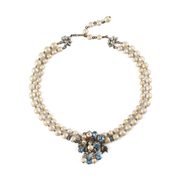 1950s Double Row Baroque Pearl Necklace with Blue Rhinestones