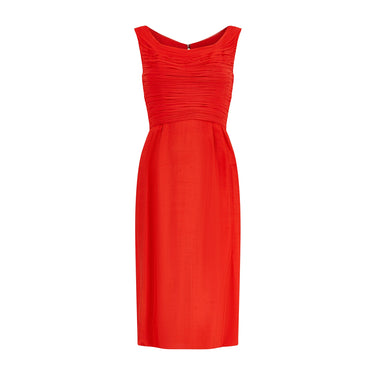 ARCHIVE - 1950s Nathan Strong Deep Orange Silk Dress Suit with Ruched Bodice
