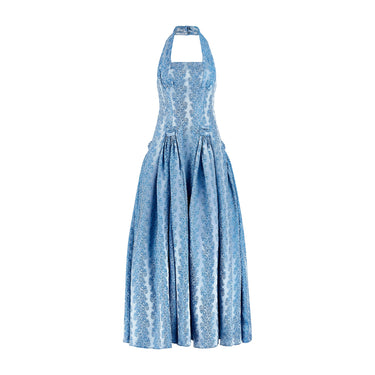 ARCHIVE - 1950s Pale Blue Jacquard Halter Neck Ballgown