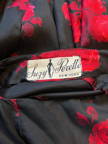 ARCHIVE - 1950s Suzy Perette Satin Black and Red Rose Print Dress
