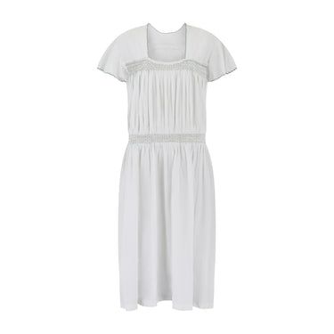 1950s White Cotton Smocked Dress with Tie Back