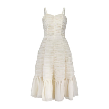 1950s White Ruched Chiffon Midi Dress