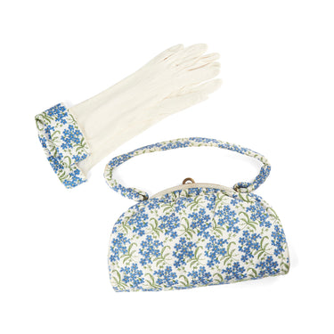 ARCHIVE - 1950s White Bag with Forget-Me-Not Flowers and Matching Gloves