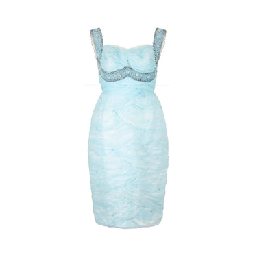 1960s Turquoise Scallop Pleated and Beaded Embellished Shift Dress