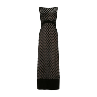 1960s British Couture Black Silk Velvet Polka Dot Maxi Dress