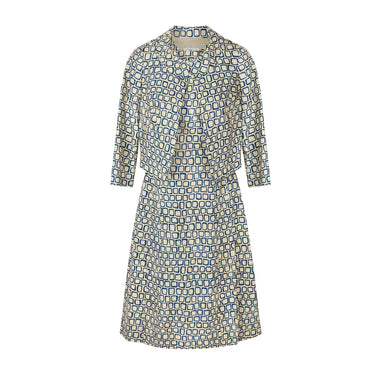 ARCHIVE - 1960s Couture Cream and Blue Geometric Silk Dress and Jacket