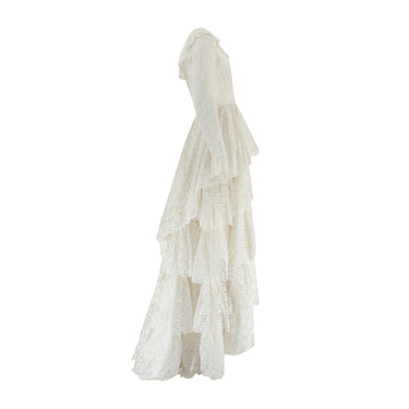 ARCHIVE - 1970s Five Tier Lace Wedding Dress with Wide Neckline