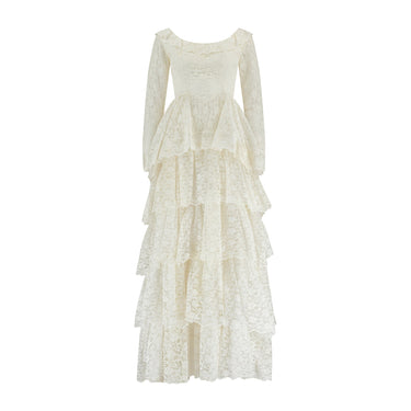 ARCHIVE - 1970s Five Tier Lace Wedding Dress with Wide Neckline