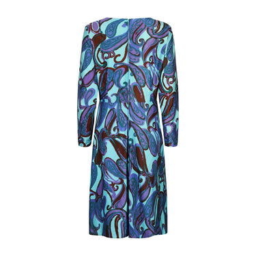 1960s Frank Usher Turquoise and Purple Paisley Velvet Dress