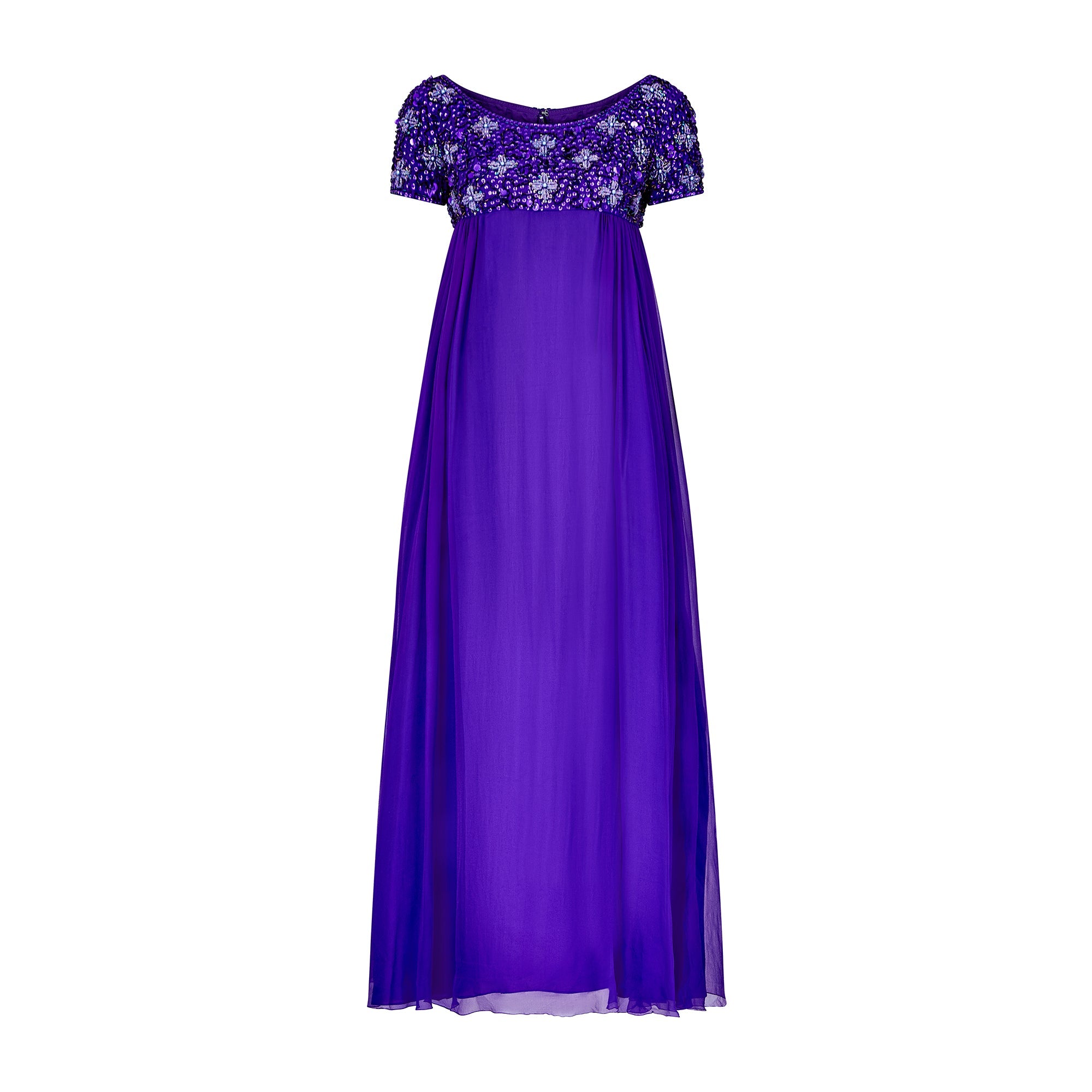 1960s Couture Purple Sequin and Beaded Empire Line Dress 1960s Couture Purple Sequin and Beaded Empire Line Dress