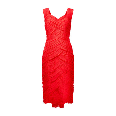 1960s Red Silk Chiffon Pleated Dress with Train