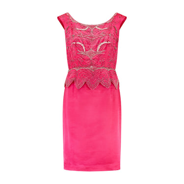 1960s Shocking Pink Silk Shift Dress with Beaded Bodice