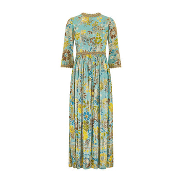 1960s Turquoise and Gold Lurex Floral Maxi Dress