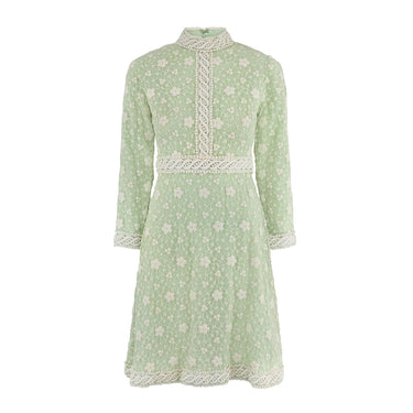 1960s Rulhina Pistachio Green Embroidered High-Neck Dress