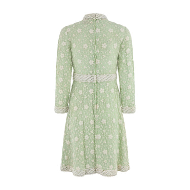 1960s Rulhina Pistachio Green Embroidered High-Neck Dress