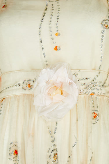 ARCHIVE - 1970s French Couture Cream Silver Glitter Chiffon Maxi Dress