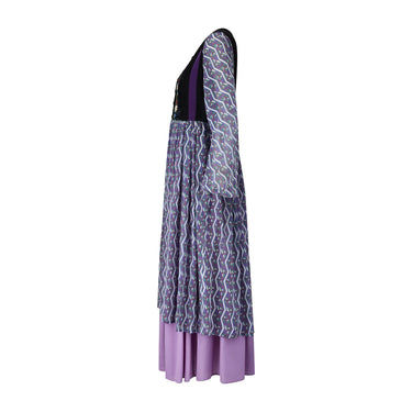 1970s Angela Gore Purple Print Maxi Dress with Velvet Trim