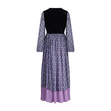 1970s Angela Gore Purple Print Maxi Dress with Velvet Trim