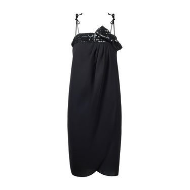 1970s Beginnings Spaghetti Strap Column Dress with Bow Detail