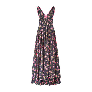 1970s Black Pink Floral Maxi-Dress with Caped Top and Pink Trim