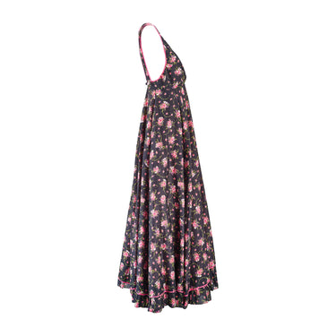 1970s Black Pink Floral Maxi-Dress with Caped Top and Pink Trim