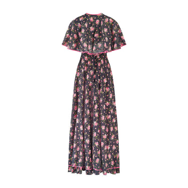 1970s Black Pink Floral Maxi-Dress with Caped Top and Pink Trim
