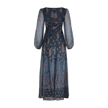 1970s Black Purple Paisley Chiffon Maxi-Dress