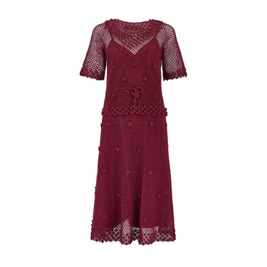 1970s Burgundy Crochet Short Sleeve Top and A-Line Skirt