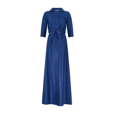 1970s Courreges Royal Blue Cotton Maxi Skirt and Cropped Jacket