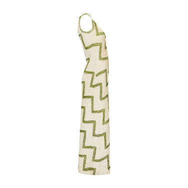 ARCHIVE - 1970s Cream Wool Sequinned Dress with Green Zigzag Pattern