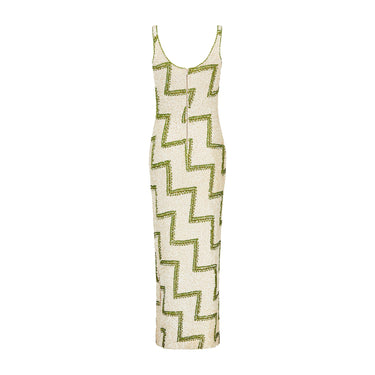 ARCHIVE - 1970s Cream Wool Sequinned Dress with Green Zigzag Pattern