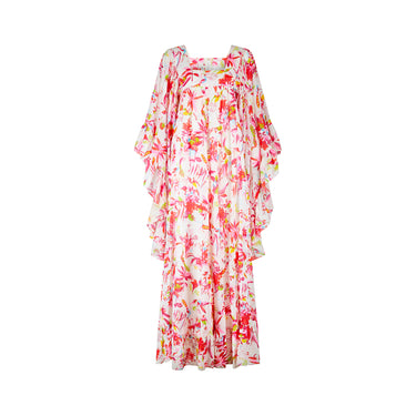 1970s David Silverman Peacock Print Angel Sleeve Dress