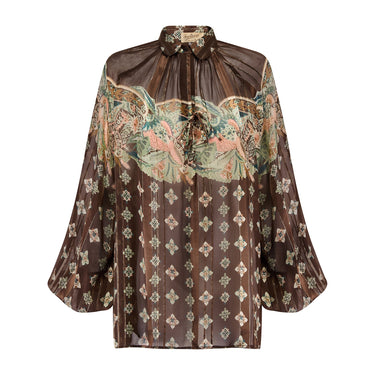 1970s Sorelle Fontana Brown Printed Silk Top with Gold Lurex
