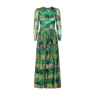 1970s Green and Gold Long-Sleeve Metallic Lame Maxi-Dress