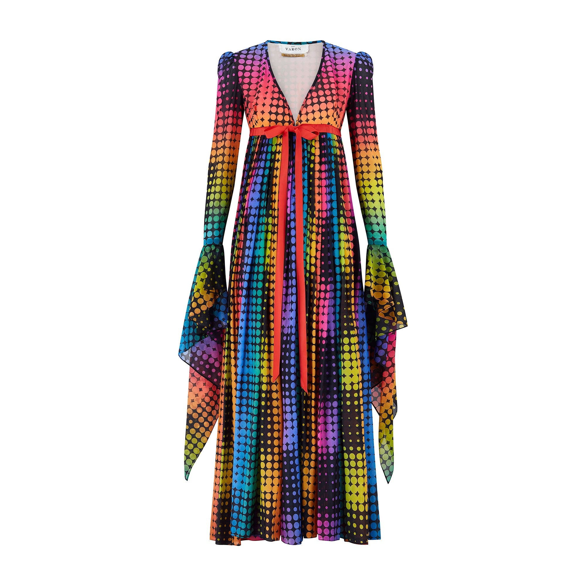 1970s Jean Varon Rainbow Maxi-Dress with Angel-Sleeves 1970s Jean Varon Rainbow Maxi-Dress with Angel-Sleeves
