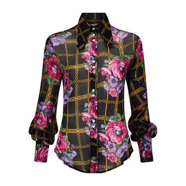 1970s Jeff Banks Black Yellow Geometric Floral Sheer Chiffon Shirt