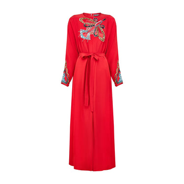 1970s John Bates Red Crepe Maxi-Dress with Sequin Rocket Applique