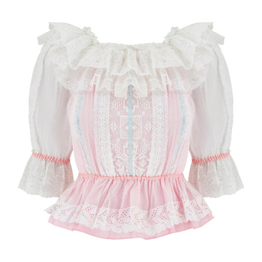 1970s Marisa Martin Pink and White Lace Ruffle Blouse