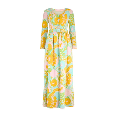 1970s Mary Therese Couture Pastel Textured Brocade Maxi Dress